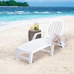 Chaise Longue Inclinable Rglable 5 Positions avec Roues Flexibles Fauteuil Relax de Camping avec Bo卯te de Rangement Charge 150KG Blanc -