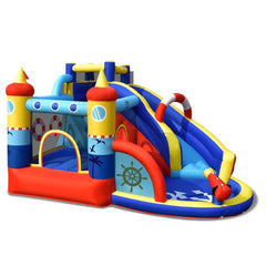 Château Gonflable Style Bateau avec Toboggan Incurvé Zone de Saut Mur d'Escalade avec Gonfleur 450 W -