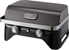 Attitude2go,Barbecue de Table Faible fume,BBQ Portable, Couvercle,thermomtre,et Grille en Fonte,Alimentation : Cartouche de gaz CV 470 Plus,Gris