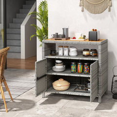 Armoire de Rangement Exterieur en Rotin Armoire de Jardin avec Plateau en Bois d'Acacia Compartiment Ouvert Buffet 2 Portes -