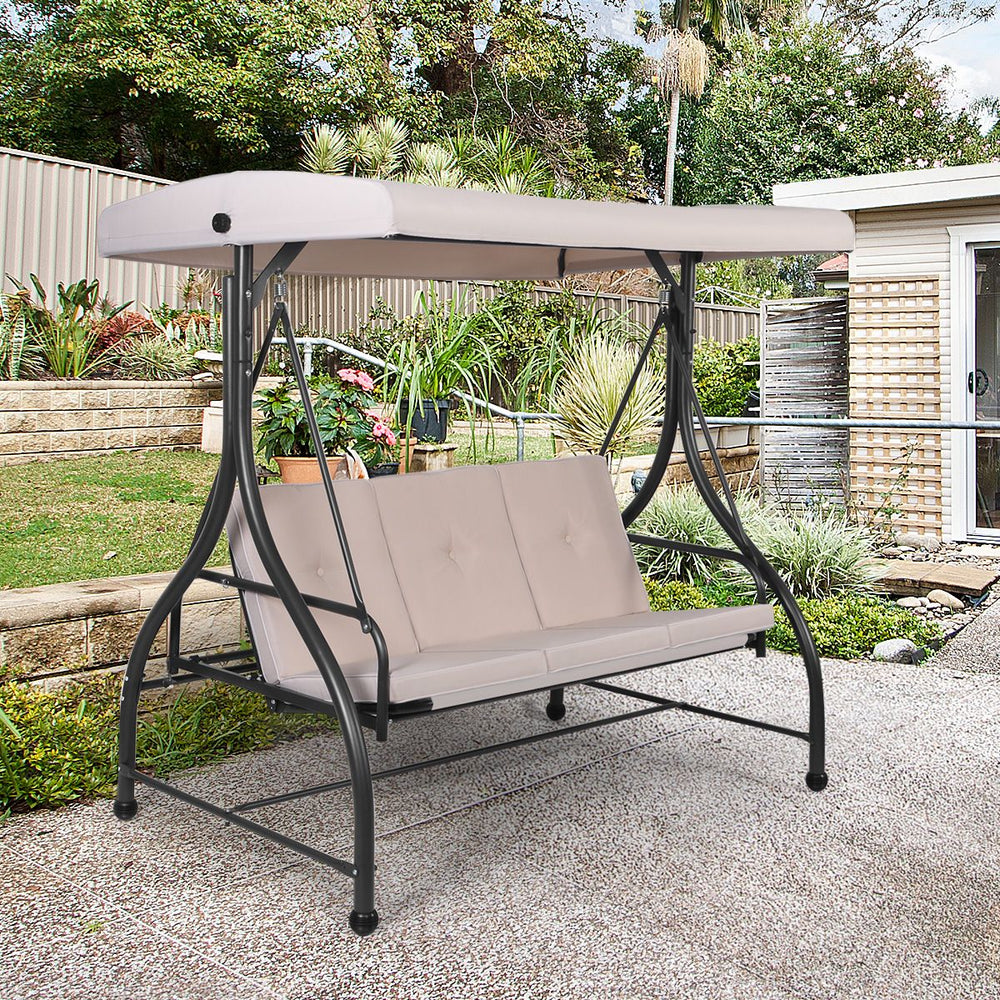 Balancelle d'Extérieur Convertible Jardin Porche Avec Sièges à Coussins Auvent Réglable et Cadre en Métal Enduit Hamac 3 Places Beige -