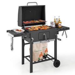 Barbecue Charbon de Bois Portable avec 2 Tables d'Appoint Noir -