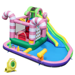 9 en 1 Ch芒teau Gonflable en Forme Bonbons avec Toboggan Maison de Saut Gonflable avec Pistolet Eau Charge 90kg pour 2 Enfants de 3-10 Ans -