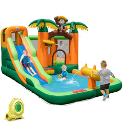 7 en 1 Ch芒teau Gonflable Tropical Thme Singe & Palmier avec Toboggan Aquatique avec Piscine & 50 Boules Charge 90kg pour 2 Enfants de 3-10 Ans -