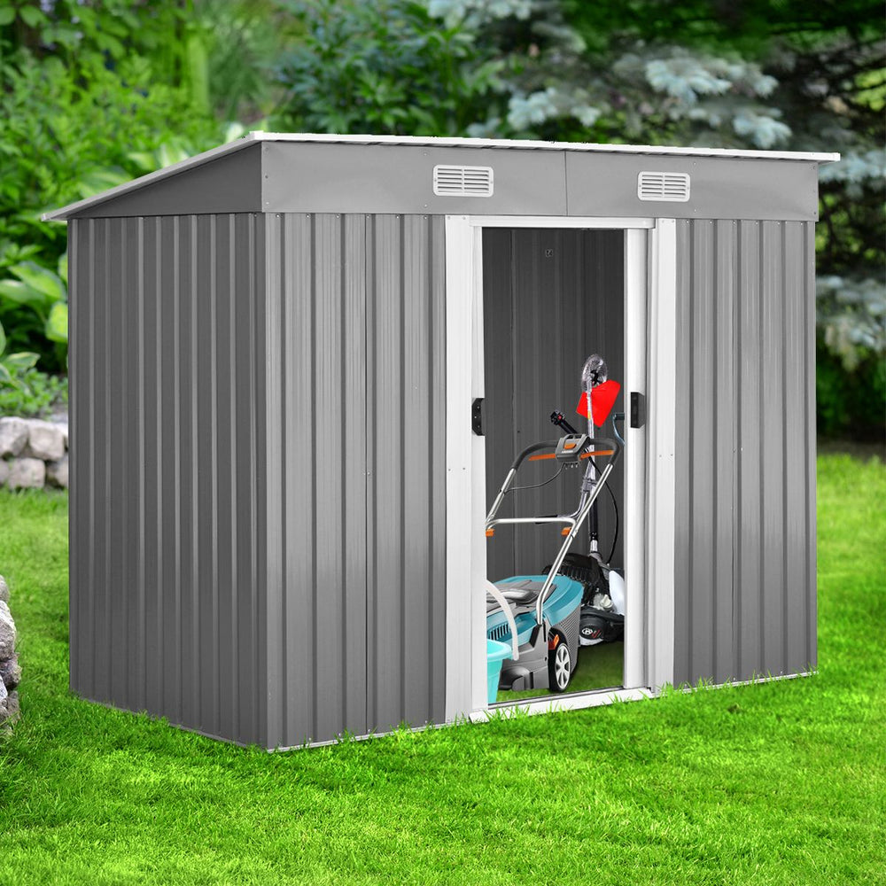 Abri de Jardin l'Extrieur en Acier Galvanis avec 2 Portes,4 Bouches d'Aration pour Stocker Outils 238 x 131 x 181CM Gris+Blanc -