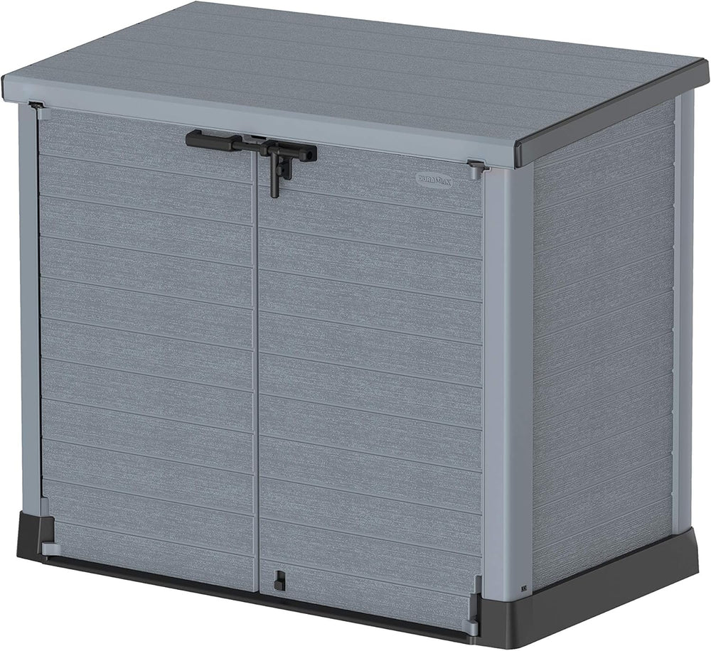 Duramax StoreAway 1200L Plastic Garden Shed/ Flat Lid,Outdoor Storage Shed,Wheelie Bin Hideaways,Wheelie bin box,Durable Construction,Ideal for Bikes,BBQs & 2x 240L Bins,145x85x125 cm,Brown