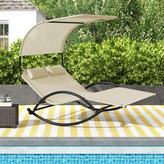Chaise Longue Double Chaise à Bascule pour 2 Personnes 2 Appui-Têtes Amovibles Cadre en Métal Robuste Lit de Repos Ergonomique 2 Places Gris/Noir/Beige -