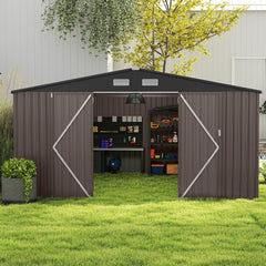 Abri de Stockage Extrieur Grand Hangar Outils avec Design de Toit Inclin Portes Fermables avec Cls 4 Arations 350x350x198cm Gris -