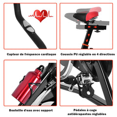 Vélo D’appartement Vélo Silencieux avec Courroie et Roue D’inertie en Fer de 10kg Guidon et Selle Ajustable Noir + Rouge -