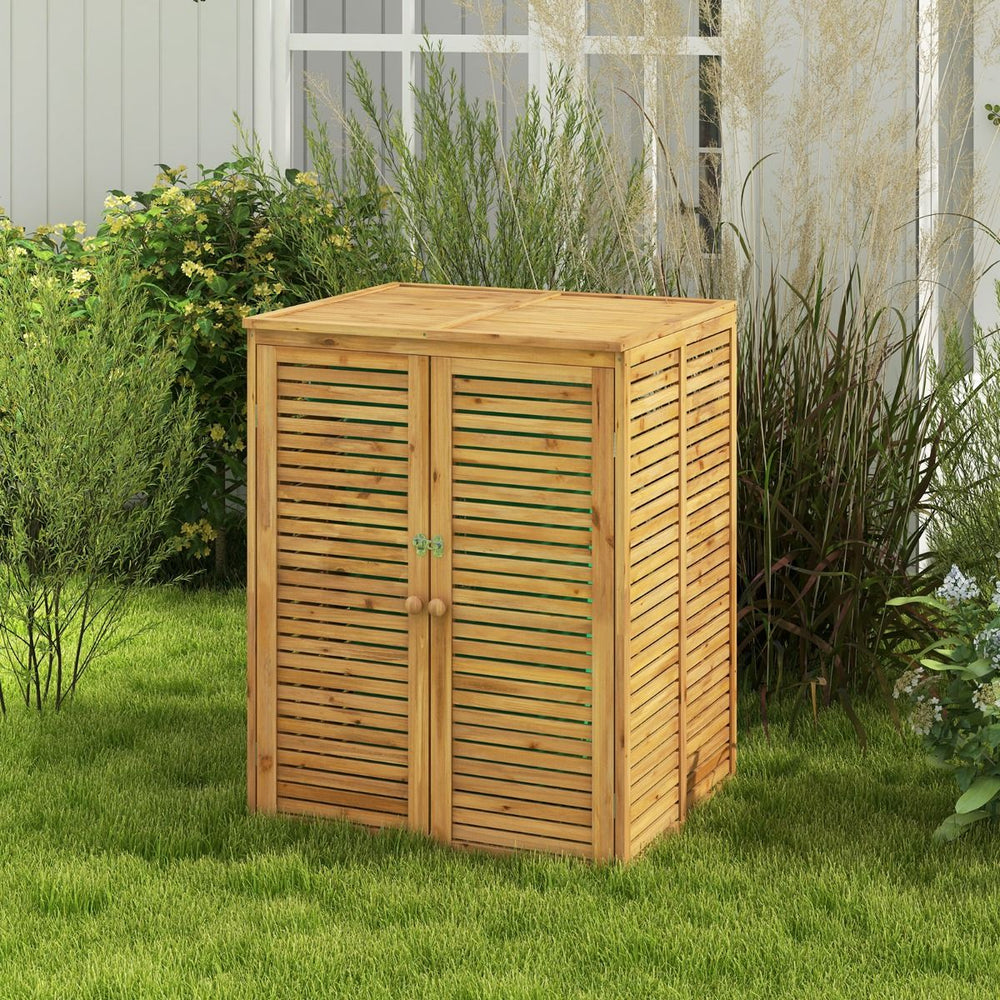 Abri Poubelle en Bois de 120 L Abri pour Outils d'Extrieur avec Couvercle Ouvrable Doubles Portes Loquet de Verrouillage Naturel -