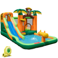 7 en 1 Ch芒teau Gonflable Tropical Thme Singe & Palmier avec Toboggan Aquatique avec Piscine & 50 Boules Charge 90kg pour 2 Enfants de 3-10 Ans -