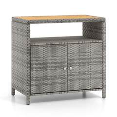 Armoire de Rangement Exterieur en Rotin Armoire de Jardin avec Plateau en Bois d'Acacia Compartiment Ouvert Buffet à 2 Portes -