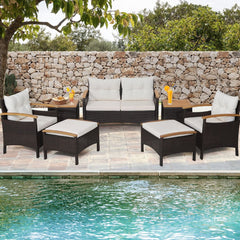 Ensemble de Canaps de Patio en Rotin PE 7 Pices avec Coussins d'Assise et de Dossier 2 Poufs 2 Tables Basses Plateau de Table -