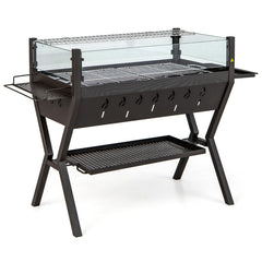 Barbecue Charbon de Bois Gril au Charbon de Bois en Acier Inoxydable avec Pare-vent Supports d'Assaisonnement tagre de Rangement Marron -