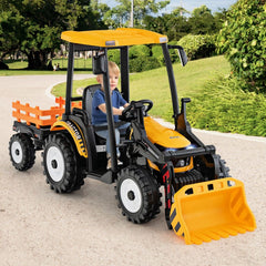 12V Tracteur lectrique Enfants avec Pelle&Remorque Amovible Vhicule lectrique 6 Roues avec Tlcommande & Musique 3-6 km/h pour 3-8 Ans Jaune/Vert -