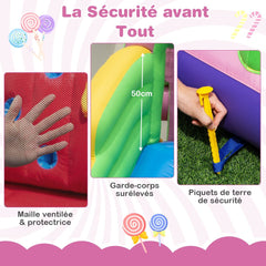 9 en 1 Ch芒teau Gonflable en Forme Bonbons avec Toboggan Maison de Saut Gonflable avec Pistolet Eau Charge 90kg pour 2 Enfants de 3-10 Ans -