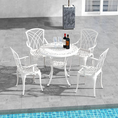 5 Pcs Salon de Jardin en Fonte d'Aluminium Trou pour Parasol Repose-pieds Réglables Ensemble de Table Ronde et 4 Chaises Blanc -