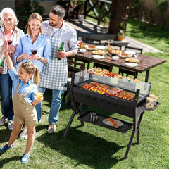 Barbecue Charbon de Bois Gril au Charbon de Bois en Acier Inoxydable avec Pare-vent Supports d'Assaisonnement tagre de Rangement Marron -