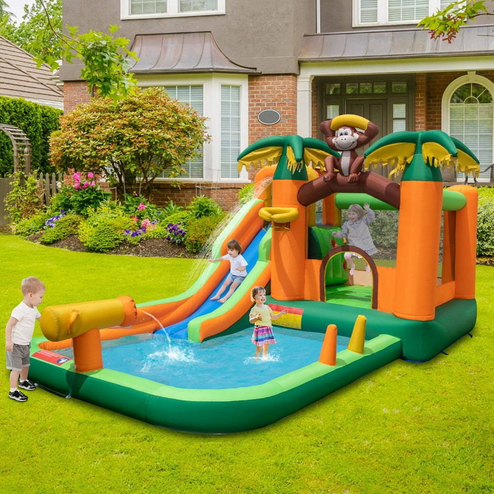 7 en 1 Ch芒teau Gonflable Tropical Thme Singe & Palmier avec Toboggan Aquatique avec Piscine & 50 Boules Charge 90kg pour 2 Enfants de 3-10 Ans -