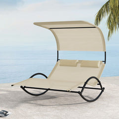 Chaise Longue Double Chaise Bascule pour 2 Personnes 2 Appui-T锚tes Amovibles Cadre en Mtal Robuste Lit de Repos Ergonomique 2 Places Gris/Noir/Beige -