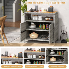 Armoire de Rangement Exterieur en Rotin Armoire de Jardin avec Plateau en Bois d'Acacia Compartiment Ouvert Buffet 2 Portes -