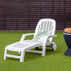 Chaise Longue Inclinable Réglable à 5 Positions avec Roues Flexibles Fauteuil Relax de Camping avec Boîte de Rangement Charge 150KG Blanc -