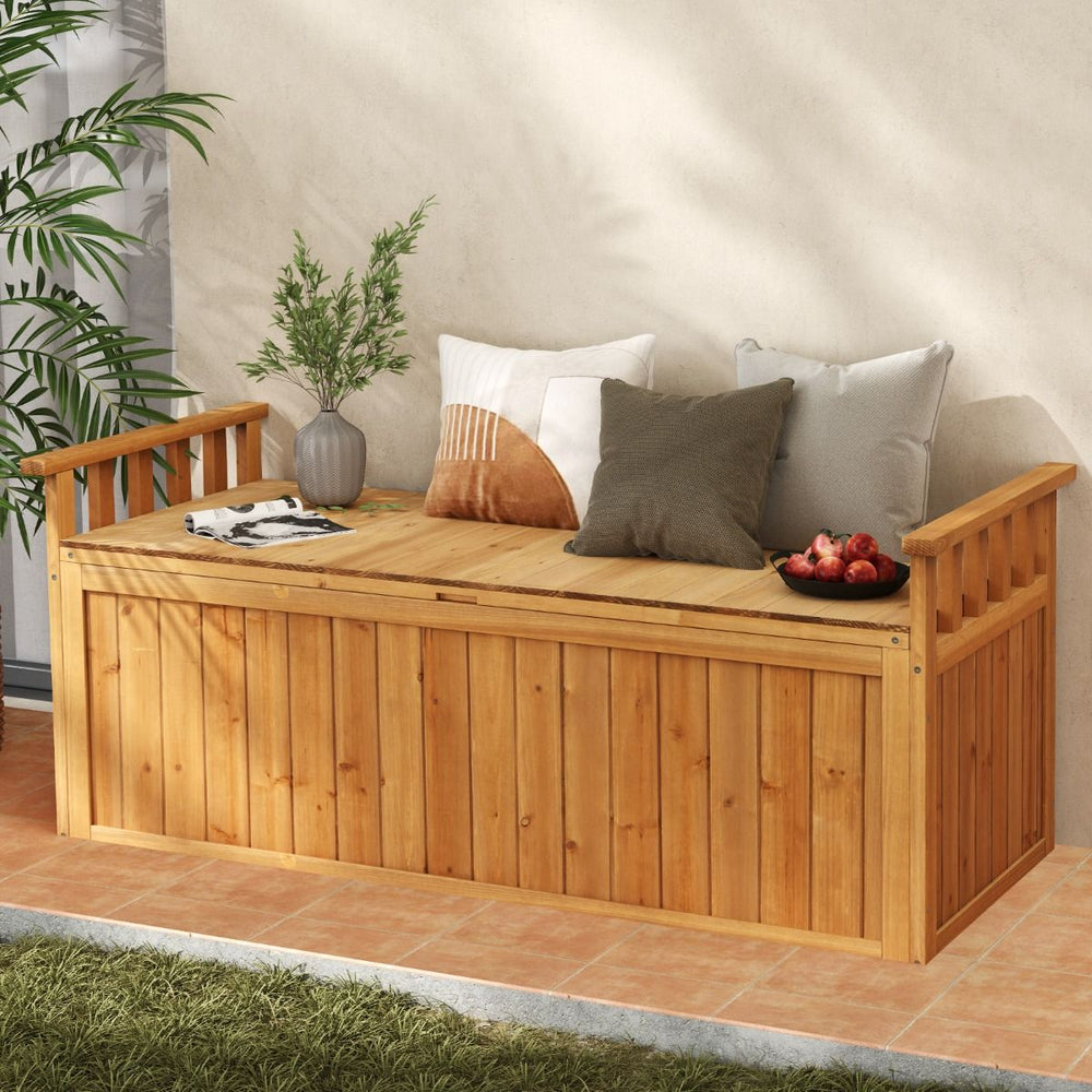 Banc de Rangement en Bois Banc d'Extrieur 2 Places de 209 L avec Accoudoirs Coffre de Stockage en Bois Charge 100KG Naturel -