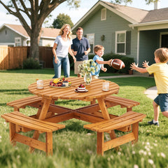 Ensemble Table de Pique-Nique en Bois pour 2 8 Personnes Set Table et Banc Circulaire avec 4 Bancs Intgrs Trou de Parasol de 5cm Marron/Jaune -