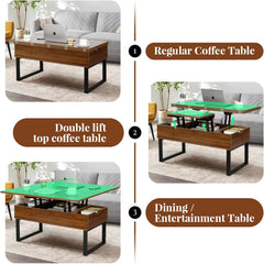 VOWNER Table Basse Relevable, Table de Salon Multifonctionnelle 3 en 1 avec Rangement Caché, Table Basse Convertible Manger de Salon, Couleur Noyer