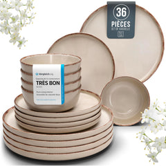 Ensemble Vaisselle en Grès 12 Personnes Rustique 36 pièces - Service de Table Rustique, Lavable au Lave-Vaisselle - Ensemble de Bols et Assiettes - Vaisselle de Table Pure Living en beige