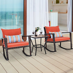 Ensemble de Jardin avec 2 Fauteuils Bascule et 1 Table Basse en Verre Tremp Tous Coussins Inclus en Rotin PE -