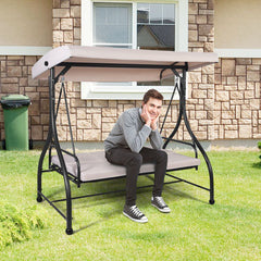 Balancelle d'Extérieur Convertible Jardin Porche Avec Sièges à Coussins Auvent Réglable et Cadre en Métal Enduit Hamac 3 Places Beige -