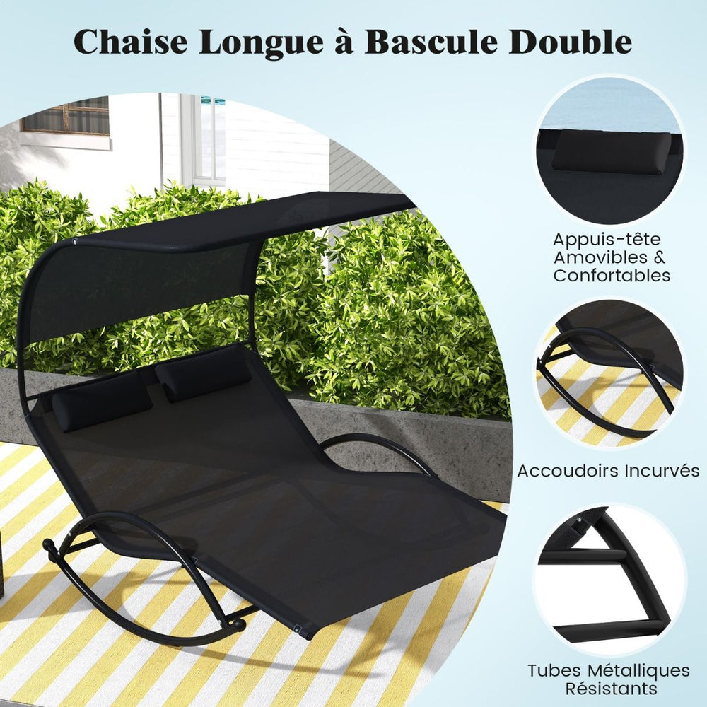 Chaise Longue Double Chaise  Bascule pour 2 Personnes 2 Appui-T锚tes Amovibles Cadre en Mtal Robuste Lit de Repos Ergonomique 2 Places Gris/Noir/Beige -