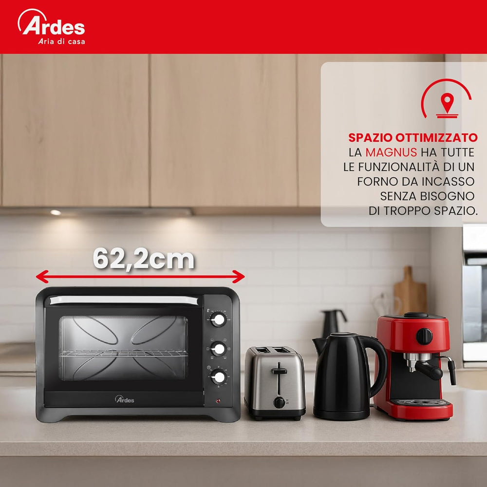 ARDES - AR6264PB Four électrique ventilé Capacité de 64 litres avec lumière interne 6 fonctions de cuisson minuterie double vitrage avec accessoires MAGNUS, Noir