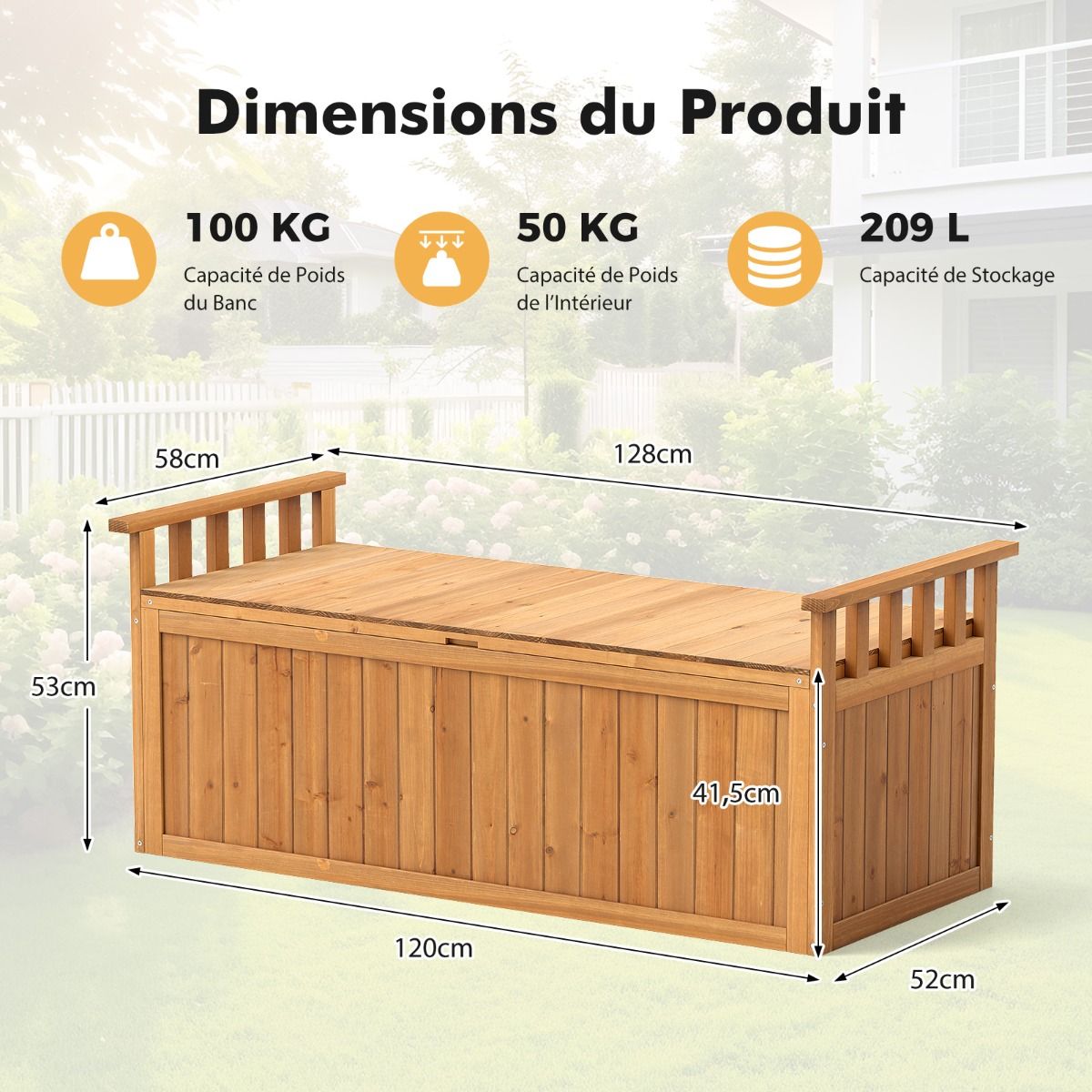 Banc de Rangement en Bois Banc d'Extrieur  2 Places de 209 L avec Accoudoirs Coffre de Stockage en Bois Charge 100KG Naturel -