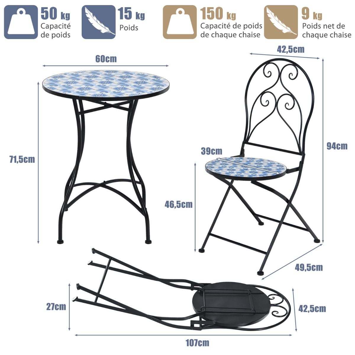 Ensemble Table et 2 Chaises Pliantes de Bistrot 2 Personnes Design Carreaux de Mosa茂que Colls sur du Ciment pour Terrasse -