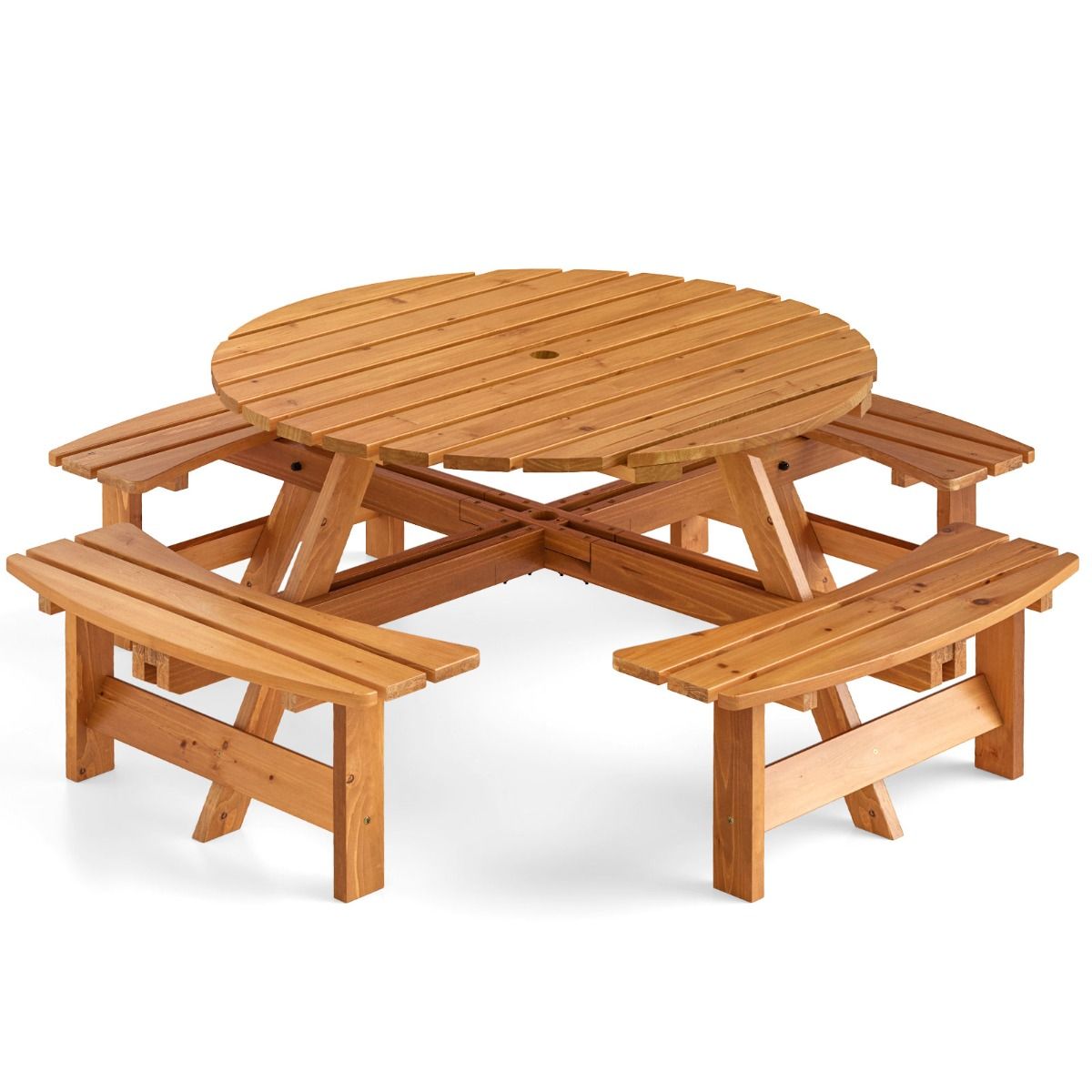 Ensemble Table de Pique-Nique en Bois pour 2  8 Personnes Set Table et Banc Circulaire avec 4 Bancs Intgrs Trou de Parasol de 5cm Marron/Jaune -