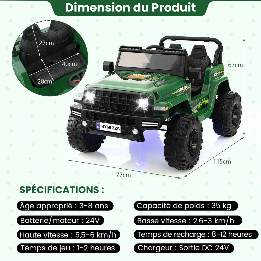24V Voiture lectrique 2 Places Enfants avec Tlcommande 2,4G Musique LED Dmarrage Lent 2 Vitesses Charge 35kg pour 3-8 Ans+ Rouge/Rose/Vert -