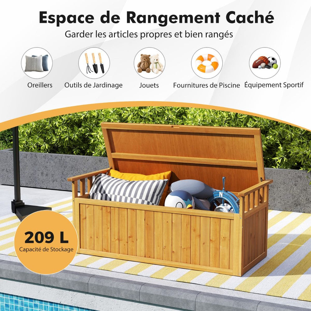 Banc de Rangement en Bois Banc d'Extrieur  2 Places de 209 L avec Accoudoirs Coffre de Stockage en Bois Charge 100KG Naturel -