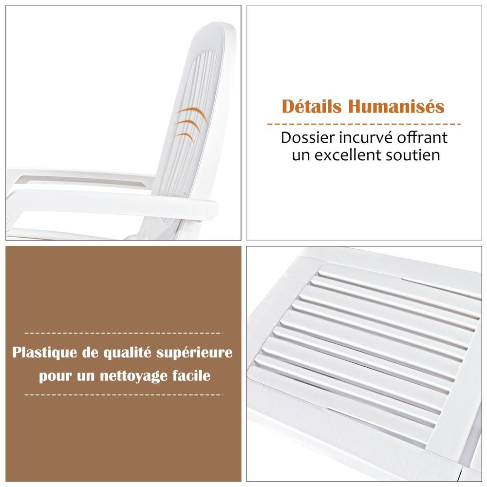 Chaise Longue Inclinable Réglable à 5 Positions avec Roues Flexibles Fauteuil Relax de Camping avec Boîte de Rangement Charge 150KG Blanc -