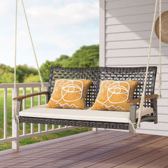 Banc Suspendu de Jardin en Rotin 2 Place Accoudoirs en Bois d'Acacia Cadre en Métal Coussin Cordes Crochets Blanc/Noir -