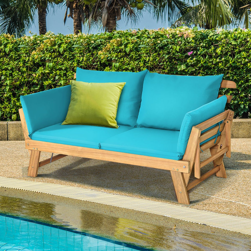 Chaise Longue Convertible avec Coussin Canapé de Jardin 2 en 1 en Bois d’Acacia avec Accoudoir Réglable pour Patio Piscine Jardin Blanc/Gris/Bleu/Rouge -