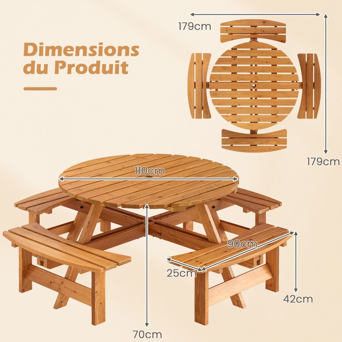 Ensemble Table de Pique-Nique en Bois pour 2 à 8 Personnes Set Table et Banc Circulaire avec 4 Bancs Intégrés Trou de Parasol de 5cm Marron/Jaune -