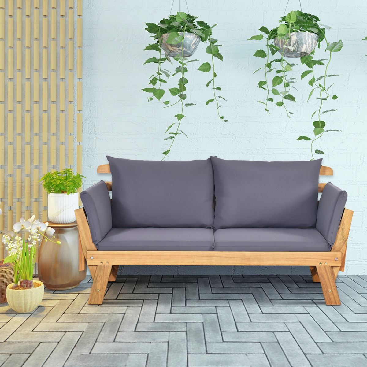 Chaise Longue Convertible avec Coussin Canapé de Jardin 2 en 1 en Bois d’Acacia avec Accoudoir Réglable pour Patio Piscine Jardin Blanc/Gris/Bleu/Rouge -