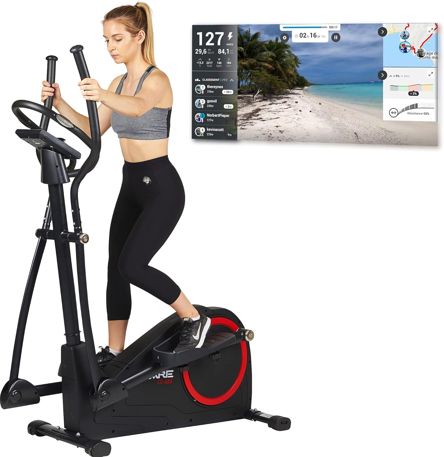 Care Fitness - Vélo Elliptique Motorisé CE-685-24 Niveaux de Difficulté - 24 Programmes - Compteur Écran LCD - Port USB - Porte Tablette - Compatible Application Kinomap