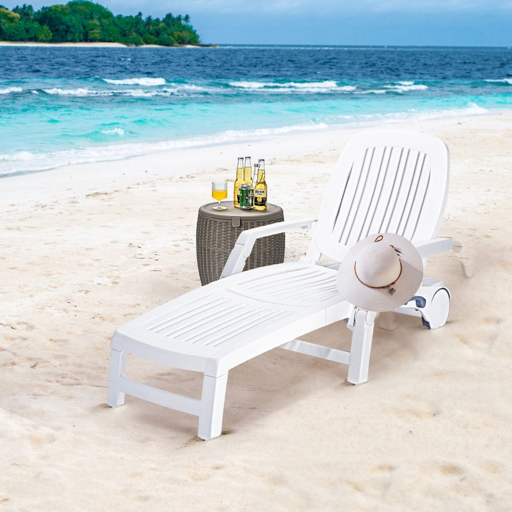 Chaise Longue Inclinable Rglable  5 Positions avec Roues Flexibles Fauteuil Relax de Camping avec Bo卯te de Rangement Charge 150KG Blanc -