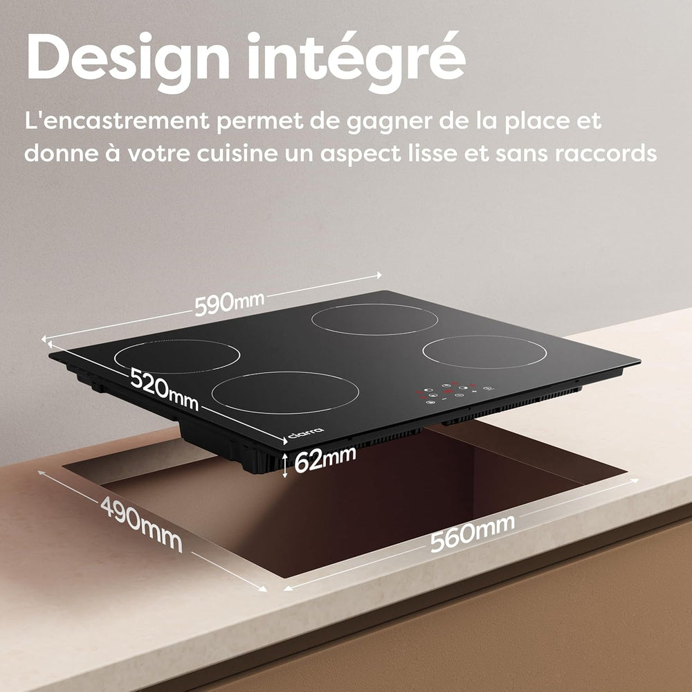 CIARRA Plaque à Induction 4 Feux 6000W - Commande Tactile - Plaque de Cuisson Encastrable - 9 Niveaux de Puissance- Minuteur - Verrouillage Enfant - CABBIH4-D