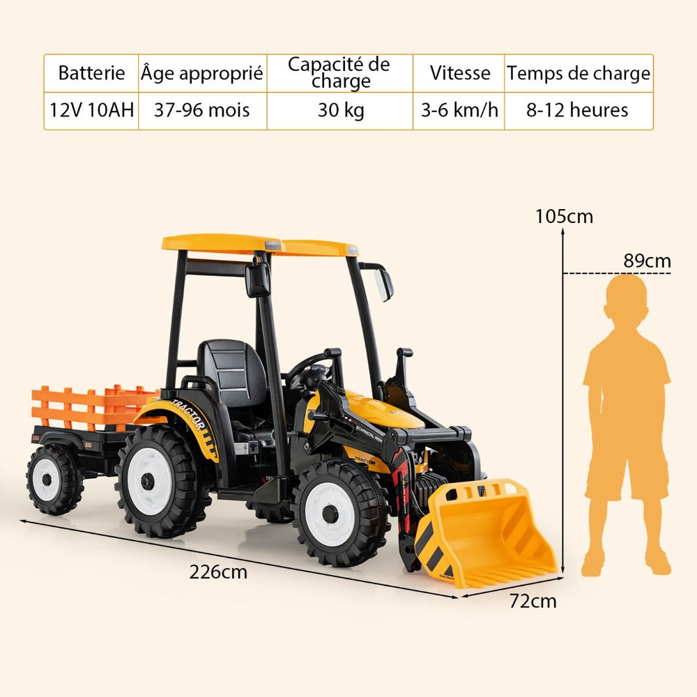 12V Tracteur lectrique Enfants avec Pelle&Remorque Amovible Vhicule lectrique  6 Roues avec Tlcommande & Musique 3-6 km/h pour 3-8 Ans Jaune/Vert -
