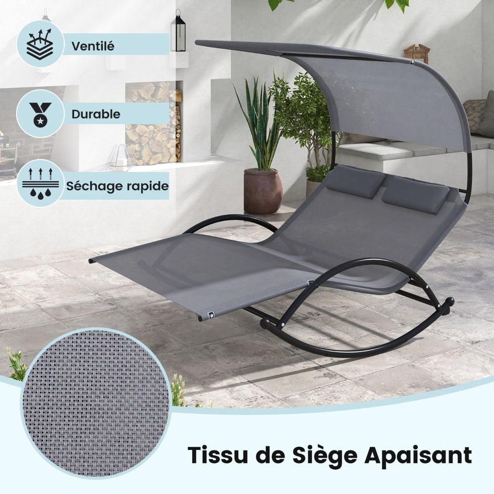 Chaise Longue Double Chaise  Bascule pour 2 Personnes 2 Appui-T锚tes Amovibles Cadre en Mtal Robuste Lit de Repos Ergonomique 2 Places Gris/Noir/Beige -