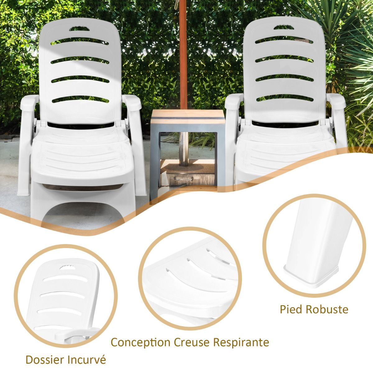 Chaise Longue Pliable Dossier Inclinable  5 Positions avec Roues Intgres pour Terrasse Jardin Piscine 150 kg Gris/Blanc/Bleu -